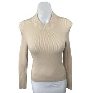 Anna Rae Women's Beige Tan Ribbed Knit Mockneck Cutout Long Sleeve Sweater Top M